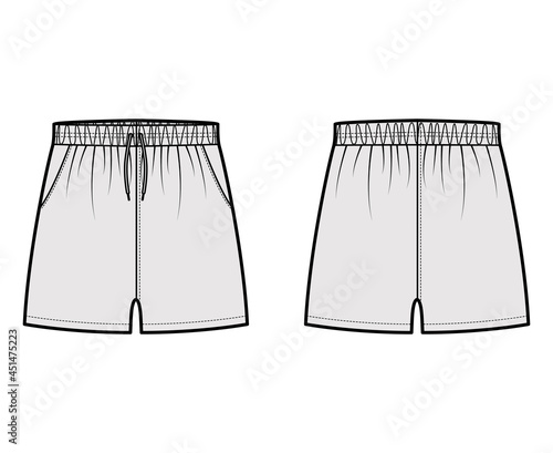Sport training shorts Activewear technical fashion illustration with elastic low waist, rise, drawstrings, pockets, Relaxed fit, micro length. Flat bottom template front, back grey color. Women men