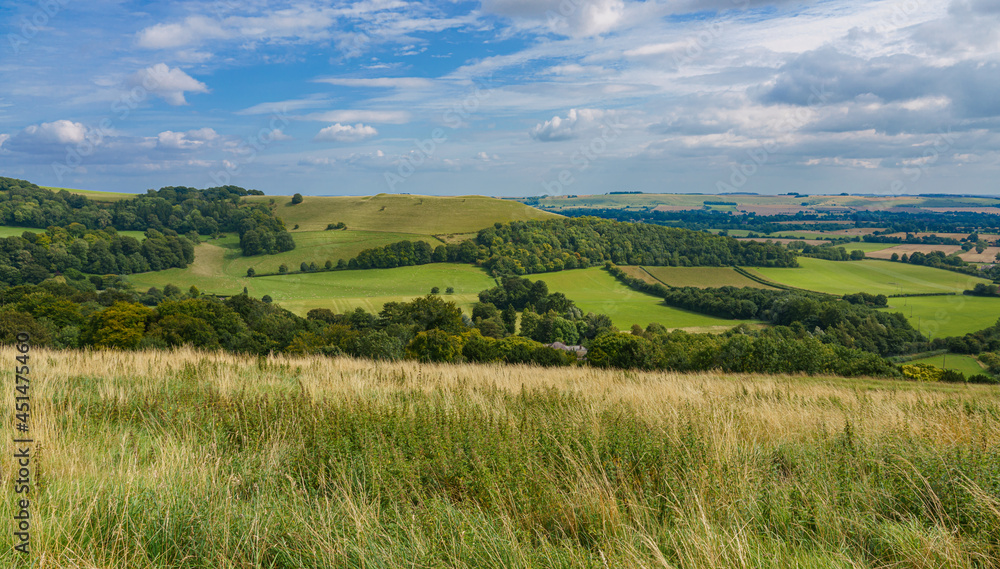 beautiful scenery overlooking the village of Oare from the South facing edge of the Marlborough Downs, adjacent to Pewsey Vale, Wiltshire AONB 