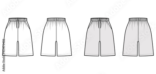 Active Shorts Sport training technical fashion illustration with normal waist, high rise, Drawcord, Relaxed fit, mid-thigh length. Flat template front, back, white grey color. Women men unisex mockup