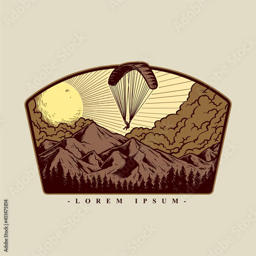 vector of paragliding with sunset landscape background