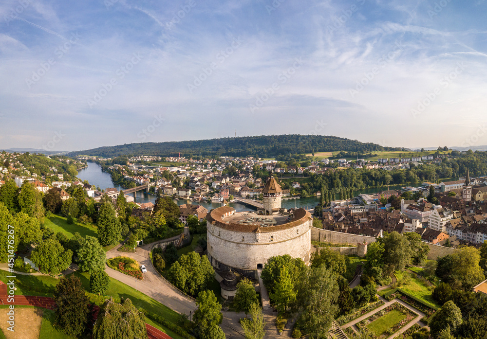 Drone panorama image of Swiss old town Schaffhausen, with the medieval castle Munot. Munot is the landmark of this town.