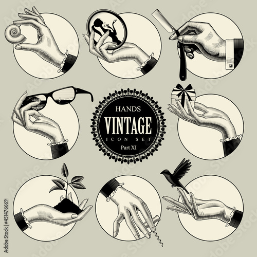 Set of round icons in vintage engraving style with hands and accessories