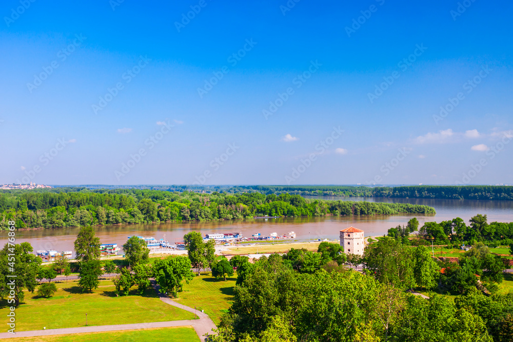 Sava river flows Danube aerial panoramic view, Belgrade
