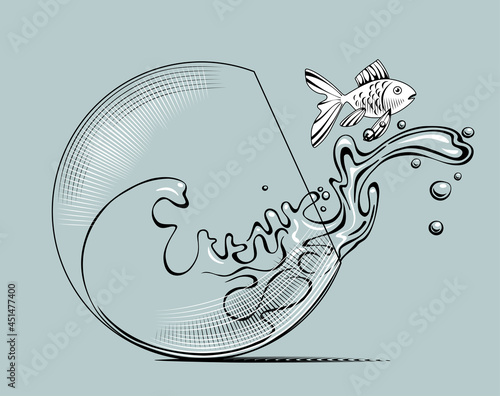 Engraved vintage drawing of an overturned aquarium with splashed water and goldfish
