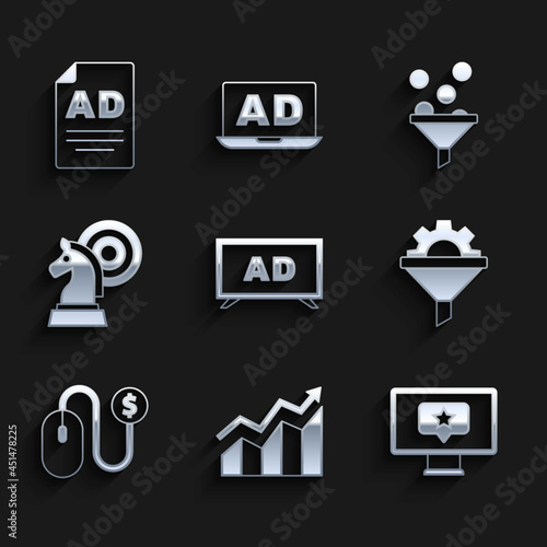 Set Advertising, Financial growth increase, Monitor with star, Sales funnel gear, Chess, Lead management and icon. Vector