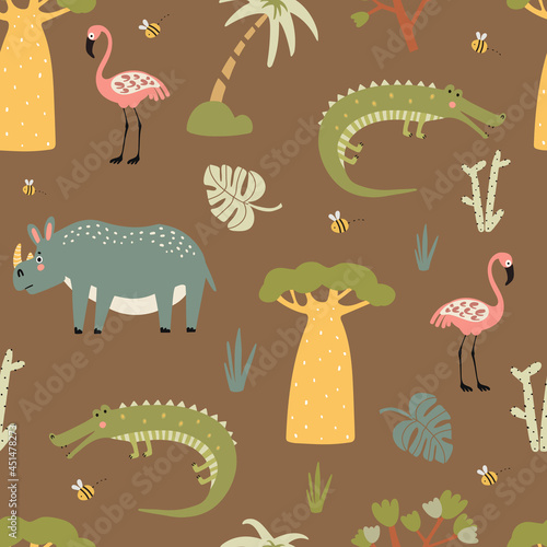 seamless pattern with vector illustrations of African animals and plants. animalistic background for childrens design on a dark background