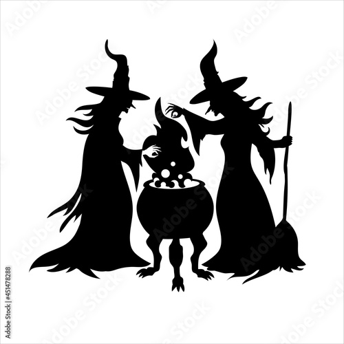 Black silhouette of two witches with a cauldron. Happy Halloween vector clipart illustration of witches brew a magic potion. White background.