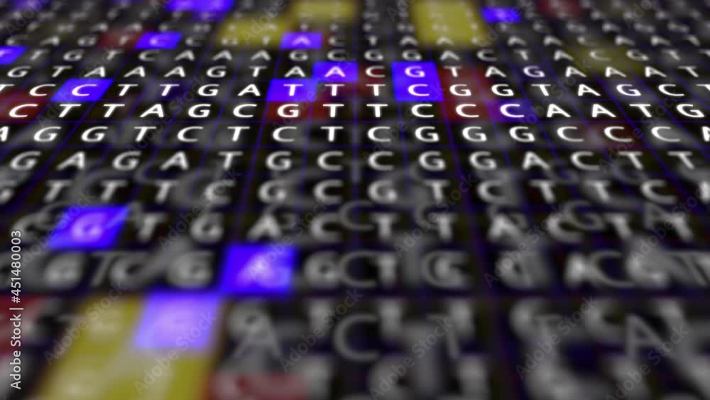 Loopable: Genetic mapping DNA sequence analysis 3D abstract background with randomly changing DNA components. Big genomic data analysis concept. Loopable: Genetic mapping DNA sequence analysis 3D abstract background with randomly changing DNA components. Big genomic data analysis concept.