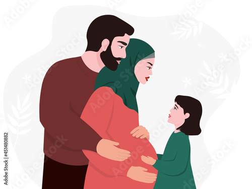 A Muslim family, a husband, a pregnant wife in a hijab, a child. The concept of motherhood, peace, and love. Vector graphics.
