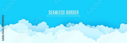 Seamless border of blue sky and white clouds in paper cut style. 3d papercut background with top view cloudy sky. Simple weather layered banner. Vector card illustration of cloudscape pastel colors.