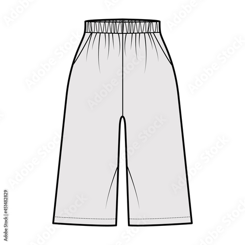 Bermuda Pocket Short technical fashion illustration with elastic normal low waist, high rise, Relaxed fit, knee length. Flat bottom apparel template front, grey color. Women men unisex CAD mockup