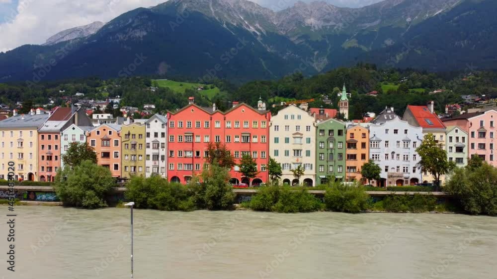 The colorful houses at River Inn in Innsbruck Austria - travel photography by drone The colorful houses at River Inn in Innsbruck Austria - travel photography by drone