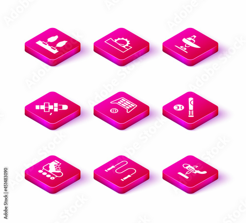 Set Roller skate, Jump rope, Hopscotch, Soccer goal with ball, Swing plane, Baseball bat, boat and Ferris wheel icon. Vector