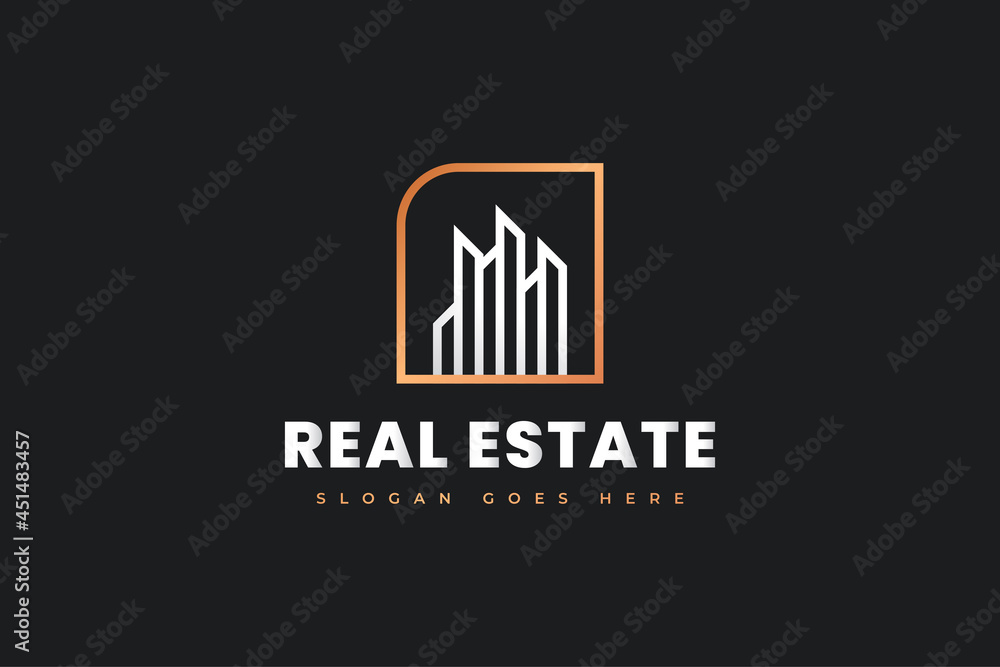 Real Estate Logo Design in White and Gold with Minimalist Concept. Construction, Architecture or Building Logo Design Real Estate Logo Design in White and Gold with Minimalist Concept. Construction, Architecture or Building Logo Design