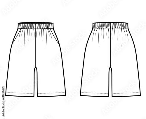 Active Shorts Sport training technical fashion illustration with elastic normal waist, high rise, pockets, Relaxed fit, mid-thigh length. Flat template front, back, white color. Women men CAD mockup