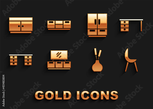 Set TV table stand, Office desk, Armchair, Vase, Wardrobe, Chest of drawers and Furniture nightstand icon. Vector