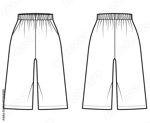 Bermuda Pocket Short technical fashion illustration with elastic normal low waist, high rise, Relaxed fit, knee length. Flat bottom apparel template front, back, white color. Women unisex CAD mockup