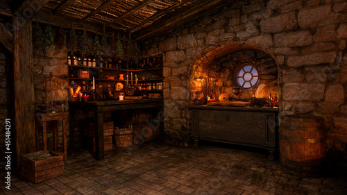 Foto 3D rendering of a fantasy witch or sorcerer's cottage interior lit by candles with magic potions and spells