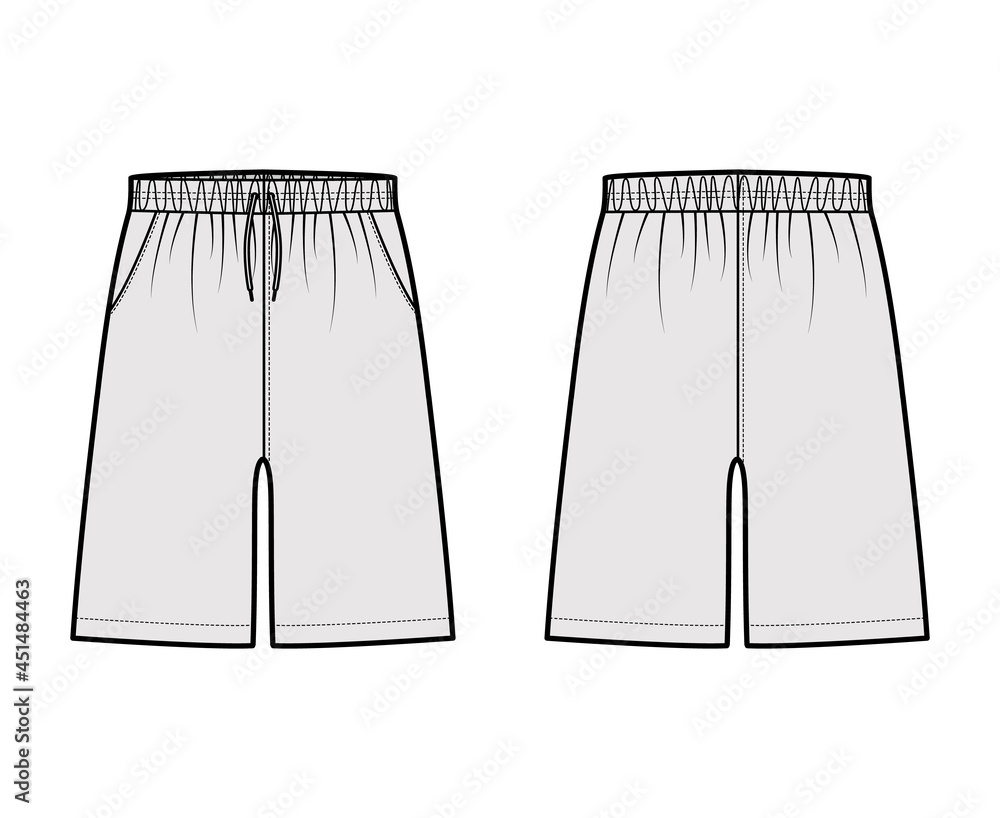 Shorts Sport training Bermuda Activewear technical fashion illustration  with drawstrings, pockets, Relaxed fit, mid-thigh length. Flat bottom  apparel front back grey color. Women men unisex CAD mockup Stock Vector |  Adobe Stock