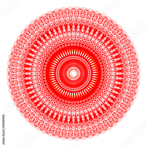 Creative red squares round symbol. Abstract symmetrical logo. Mosaic colorful beautiful squares. Circle modern squares floral art icon. Colored pattern ornament wheel decorative illustration.