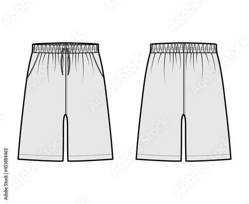 Shorts Sport training Bermuda Activewear technical fashion illustration with drawstrings, pockets, Relaxed fit, mid-thigh length. Flat bottom apparel front back grey color. Women men unisex CAD mockup