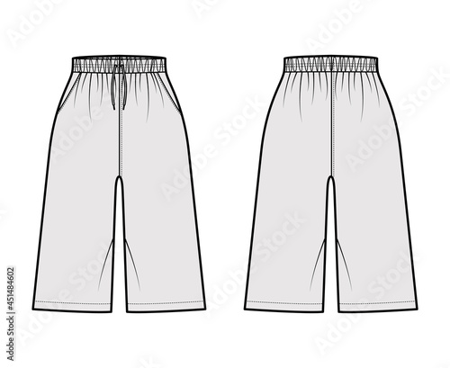 Bermuda Pocket Short technical fashion illustration with elastic normal waist, high rise, drawstrings, knee length. Flat bottom apparel template front, back, grey color. Women men unisex CAD mockup