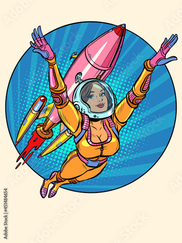 A girl astronaut is flying with a space rocket. Science fiction