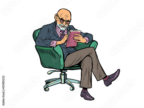 An elderly psychotherapist listens attentively and writes in a notebook. Psychotherapy session
