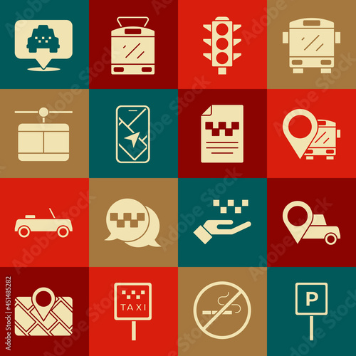 Set Parking, Location with taxi, bus, Traffic light, City map navigation, Cable car, and Taxi driver license icon. Vector