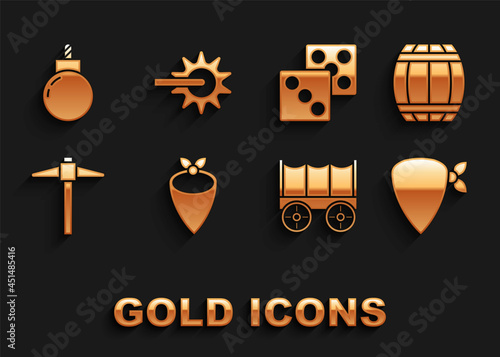 Set Cowboy bandana, Gun powder barrel, Wild west covered wagon, Pickaxe, Game dice, Bomb ready to explode and Spur icon. Vector