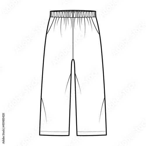 Bermuda shorts Activewear technical fashion illustration with low waist, rise, pockets, Relaxed fit, calf length. Flat bottom apparel template front, white color. Women men unisex CAD mockup