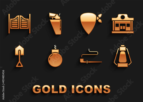 Set Bomb ready to explode, Wild west saloon, Camping lantern, Smoking pipe, Shovel, Cowboy bandana, Saloon door and Revolver gun holster icon. Vector