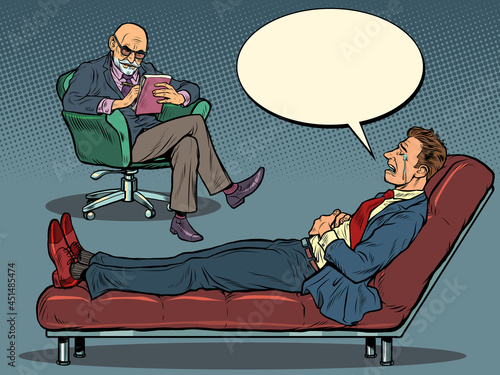 A psychotherapy session. The psychotherapist sees a businessman man, the patient is lying on the couch