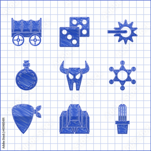 Set Buffalo skull, Gold bars, Cactus peyote in pot, Hexagram sheriff, Cowboy bandana, Canteen water bottle, Spur and Wild west covered wagon icon. Vector