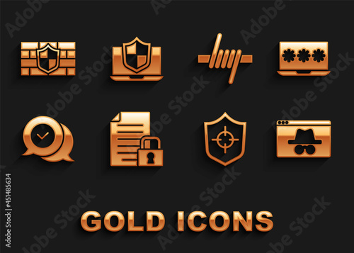 Set Document and lock, Laptop with password, Browser incognito window, Shield, Check mark speech bubble, Barbed wire, brick wall and protected shield icon. Vector