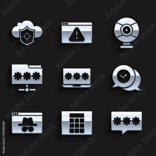 Set Laptop with password, Password protection, Check mark in speech bubble, Browser incognito window, Folder, Security camera and Cloud and shield icon. Vector