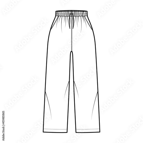 Pull-On Pants Sport training shorts technical fashion illustration with elastic normal waist, high rise, drawstrings, Relaxed fit, ankle length. Flat bottom template front, white color. Women men CAD