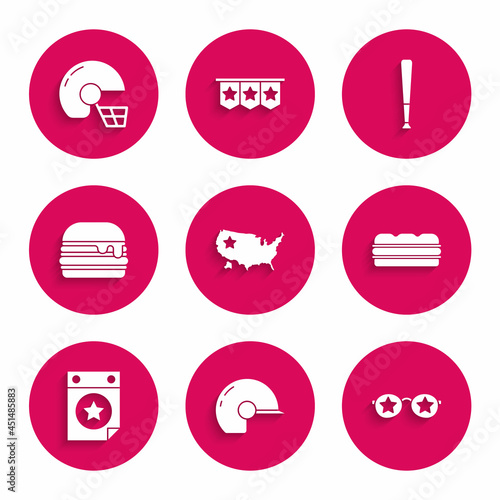 Set USA map, Baseball helmet, Glasses with stars, Sandwich, Calendar date July 4, Burger, bat and American football icon. Vector