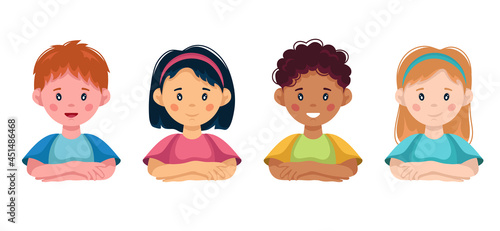 Children set, little boys and girls of different nationalities on the white background. Isolated. Vector illustration in cartoon style