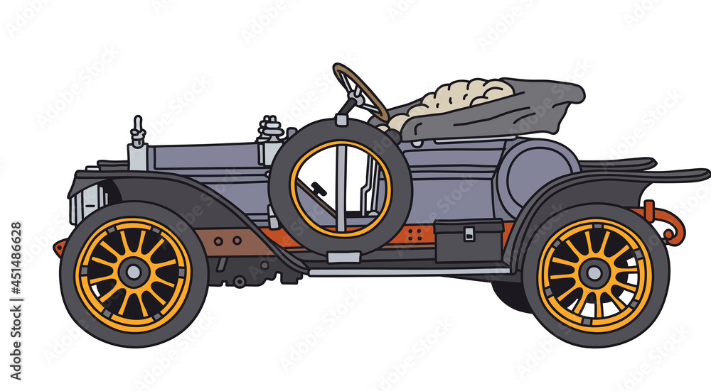 The vectorized hand drawing of a vintage blue small sports car