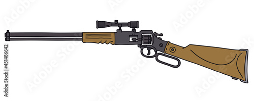 The vectorized hand drawing of a recent revolver repeating rifle with an optical sight