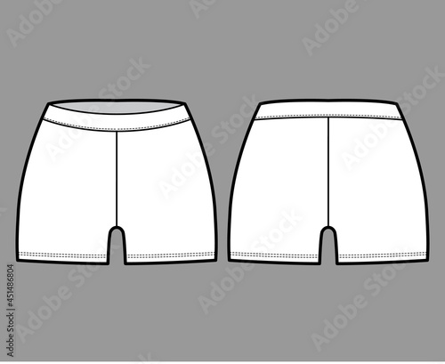 Bike shorts technical fashion illustration with low waist, rise, micro length. Flat sport training pants, casual knit trousers apparel template front back white color. Women men unisex CAD mockup