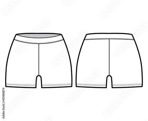 Bike shorts technical fashion illustration with low waist, rise, micro length. Flat sport training pants, casual knit trousers apparel template front back white color. Women men unisex CAD mockup