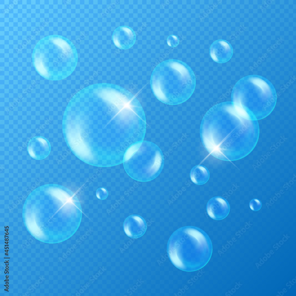 Vector soap bubbles set for detergent poster on blue background. Realistic soap bubbles collection with rainbow and glares