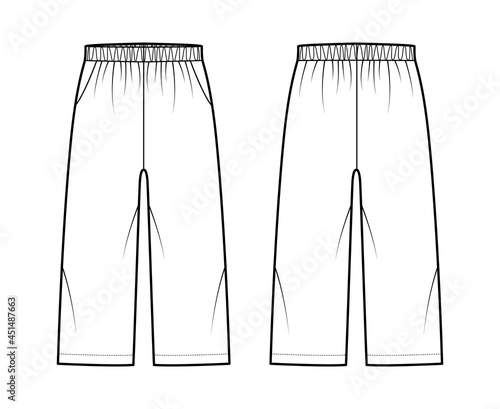 Bermuda shorts Activewear technical fashion illustration with low waist, rise, pockets, Relaxed fit, calf length. Flat bottom apparel template front, back, white color. Women men unisex CAD mockup