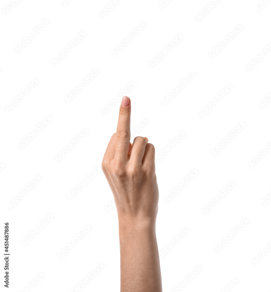 Woman showing middle finger on white background Woman showing middle finger on white background
