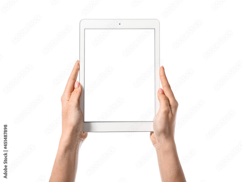 Woman with tablet computer on white background Woman with tablet computer on white background
