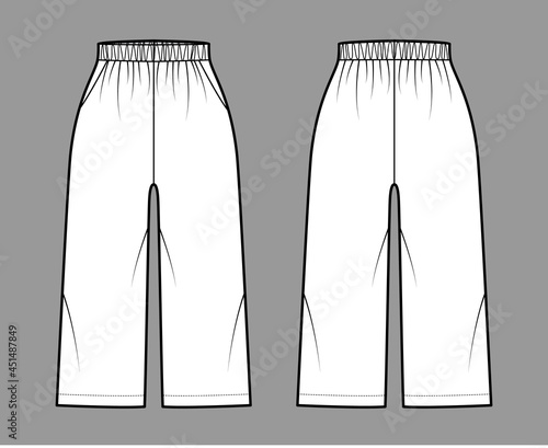 Bermuda shorts Activewear technical fashion illustration with elastic normal waist, high rise, Relaxed fit, calf length. Flat bottom apparel template front, back, white color. Women men unisex mockup