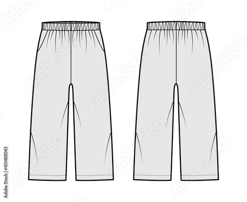 Bermuda shorts Activewear technical fashion illustration with low waist, rise, pockets, Relaxed fit, calf length. Flat bottom apparel template front, back, grey color. Women men unisex CAD mockup