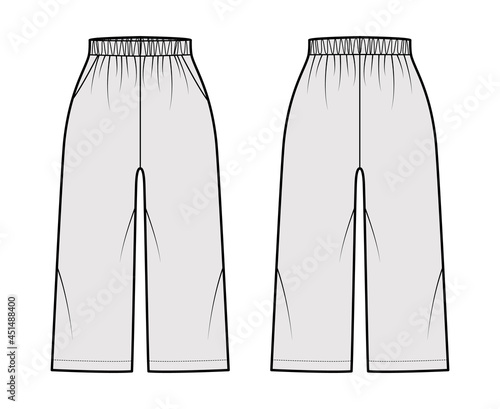 Bermuda shorts Activewear technical fashion illustration with elastic normal waist, high rise, pockets, Relaxed fit, calf length. Flat bottom template front, back, grey color. Women unisex CAD mockup